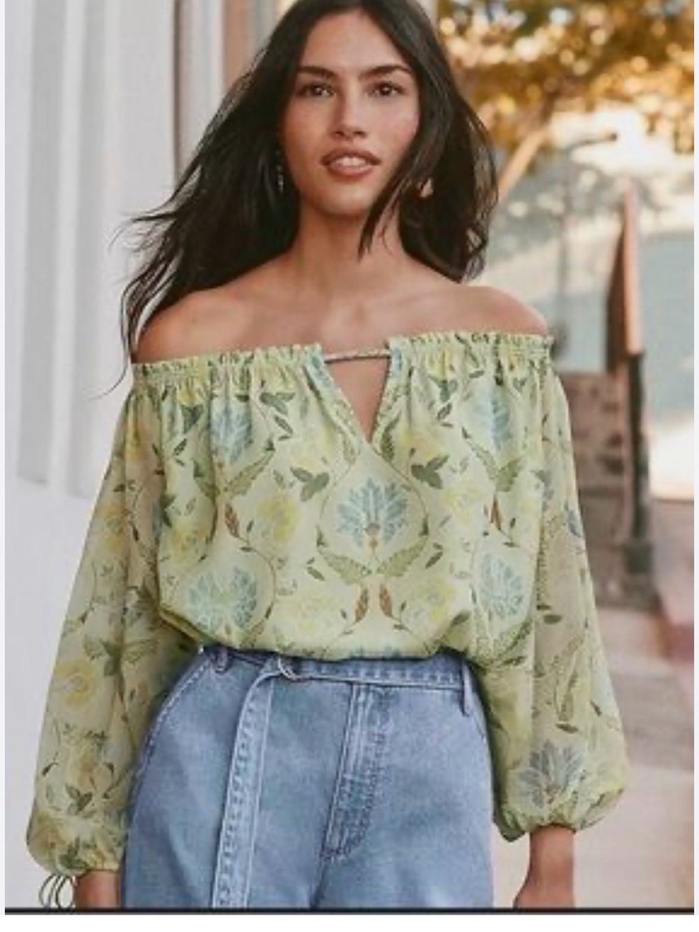 LOFT Light Green Floral Blouse with Botanical Print Sheer Sleeves S-M